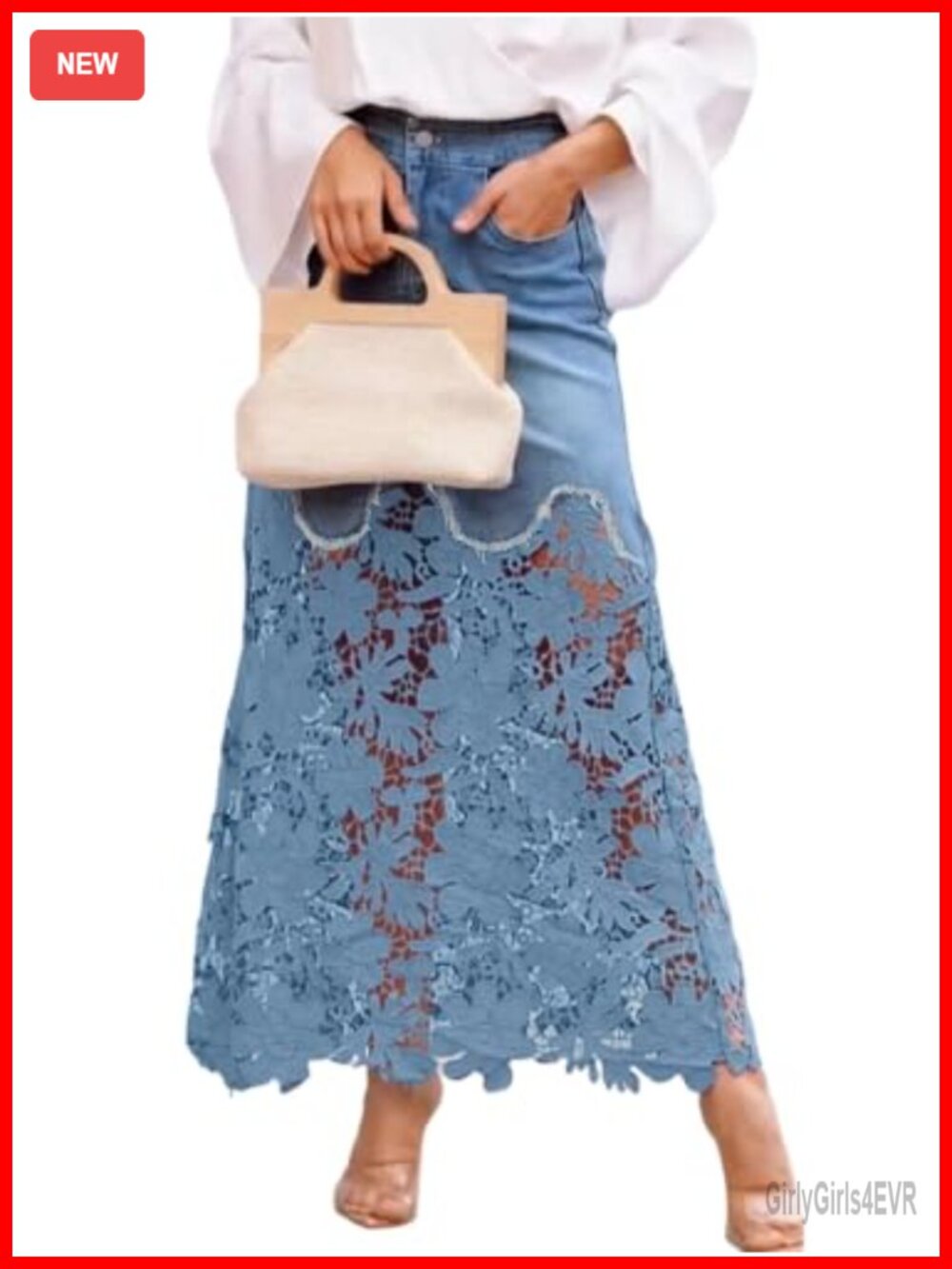 Lace Eyelet Patchwork Denim Maxi Skirt High Waisted with Pockets